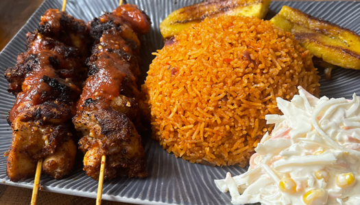 Jerk Suya Kebabs w/ Jollof rice