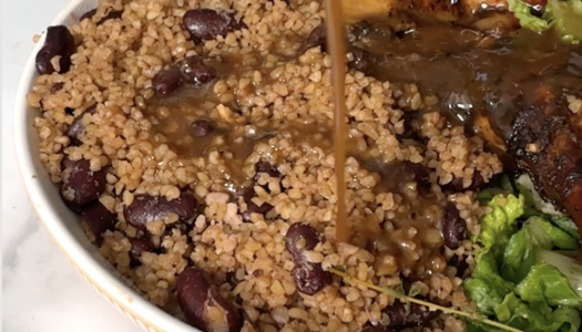 Air fryer jerk chicken w/ Bulgur wheat and peas