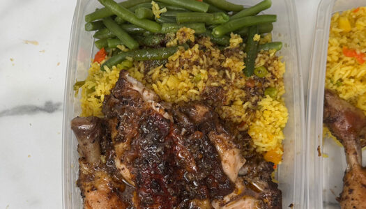 Jerk chicken seasoned rice meal prep